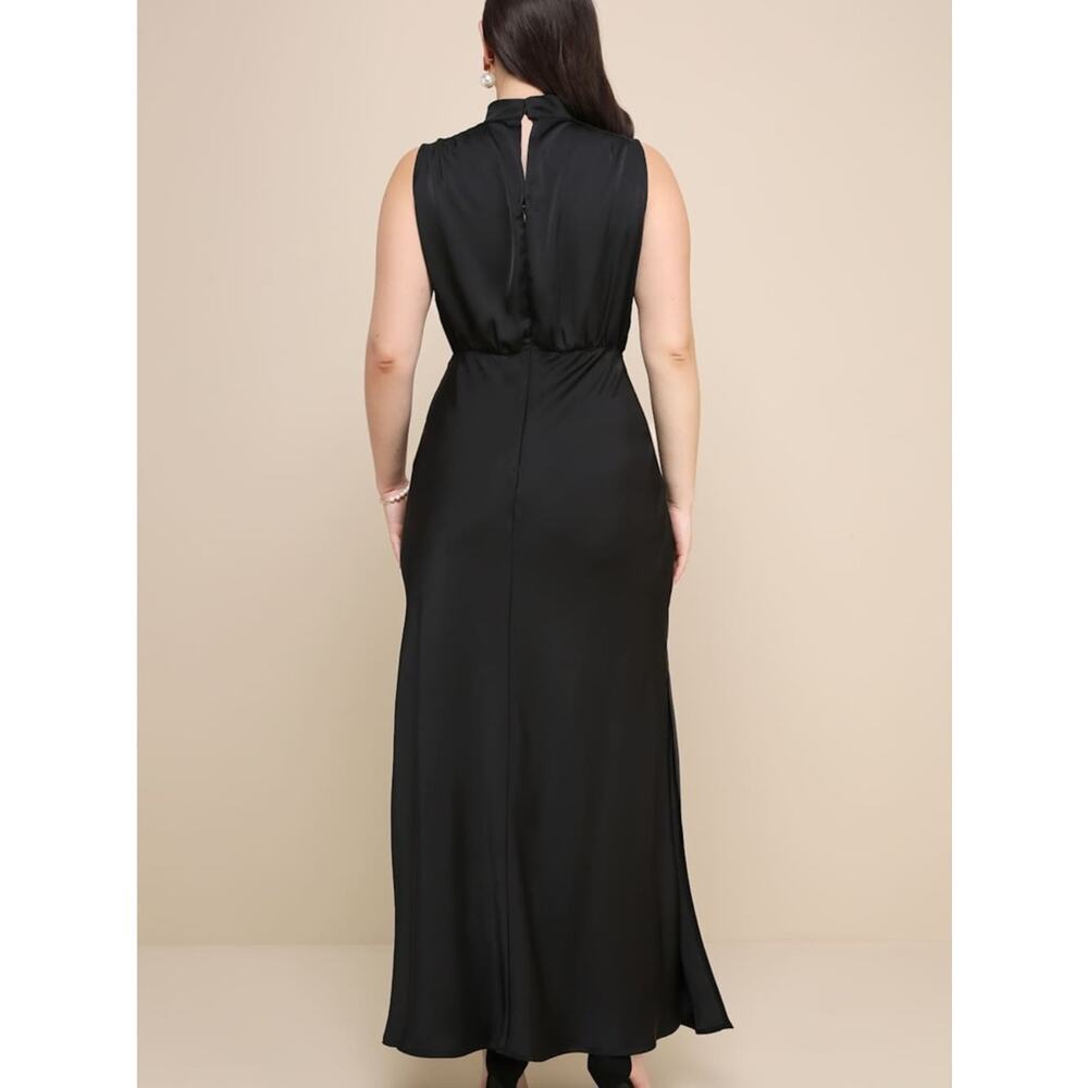 Lulu's Classic Elegance Black Satin Mock Neck Maxi Dress with Side Slits Size M - Picture 5 of 8